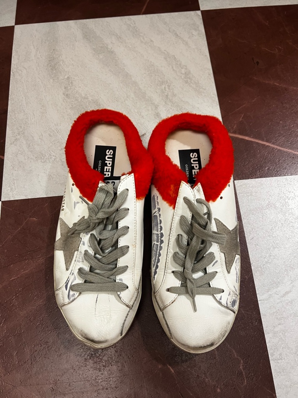 Golden Goose Super Star White Sneakers with Red Faux-Fur Collar